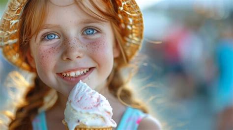 Una niña con pecas en la cara está comiendo un helado Imagen Premium