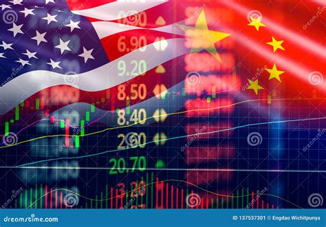 Trade War Economy Usa America And China Flag Candlestick Graph Stock