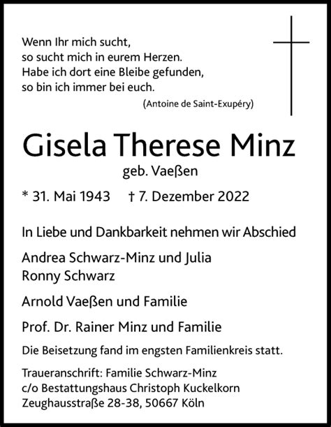 Traueranzeigen Von Gisela Therese Minz Wirtrauern