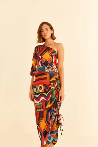 Vestido Midi Estampado Tropicaos Colorido Farm Parcelamento Sem Juros