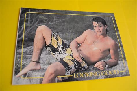 80s Beefcake Postcard Brunet Man Jams Board Shorts Gay Interest Beach Scene Glamour Photography