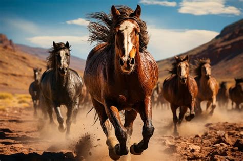 Grupo De Cavalos Selvagens Correndo No Deserto Foto Premium