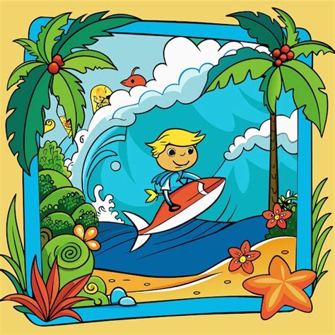 Uma Ilustra O De Desenho Animado De Um Menino Surfando Em Um Oceano