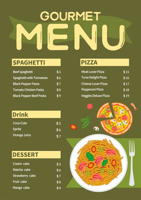 a menu for a restaurant with spaghetti and pizza on the plate, fork and ...