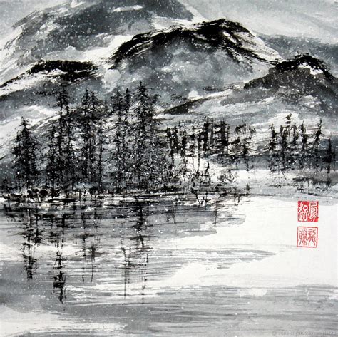 Китайская живопись Северный пейзаж (картина графика тушью горы снег ...