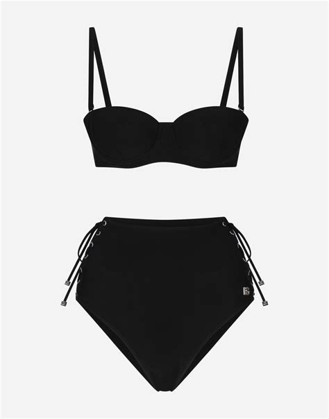 Balconette Bikini Top And Laced High Waisted Bikini Bottoms In Black