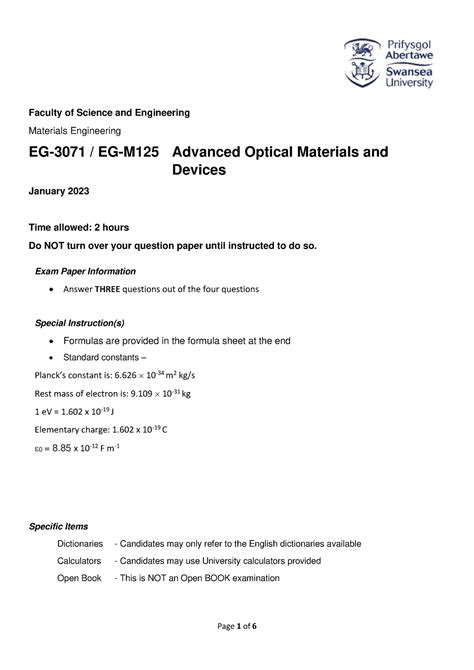 Eg Eg M Exam Paper Tb Faculty Of Science And