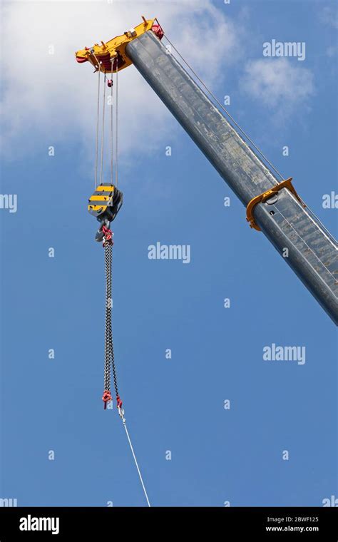 Mobile Crane Boom Hook With Chains Construction Equipment Stock Photo