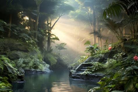 Misty Hot Spring Surrounded By Lush Greenery Stock Illustration Illustration Of Misty