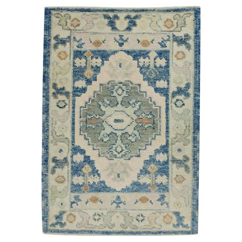 Blue And Green Geometric Design Handwoven Wool Turkish Oushak Rug For