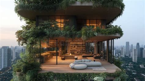 luxury eco friendly penthouse  city view stock illustration