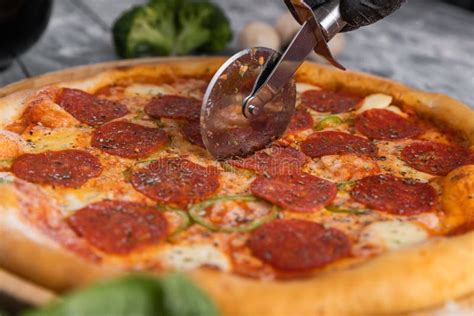 Pepperoni pizza top view stock image. Image of mediterranean - 262841115