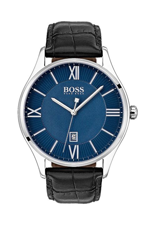 Hugo Boss Leather Strap Watch With Two Level Dial Black Watches From