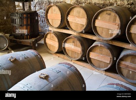 Rows Of Wooden Wine Barrels In The Cellar Of A Winery Cazeneuve Gers