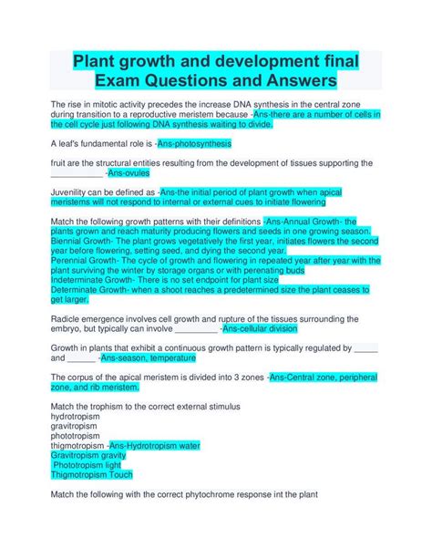 Plant Growth And Development Final Exam Questions And Answers In 2022 Exam Question And