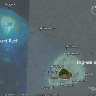 Map of Pag-asa Island and Secret Reef, showing the locations of coral... | Download Scientific ...