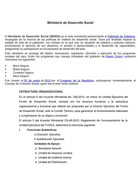 Ministerio De Desarrollo Social Tiene Por Finalidad Mejorar La