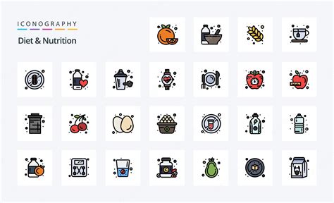 25 Paquete De Iconos De Estilo Lleno De Línea De Dieta Y Nutrición Vector Premium