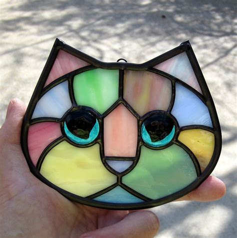 Pastel Calico Stained Glass Kitty Cat Face Suncatcher