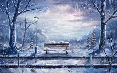 HD wallpaper: Art painting, winter, snow, bench, lantern, trees ...