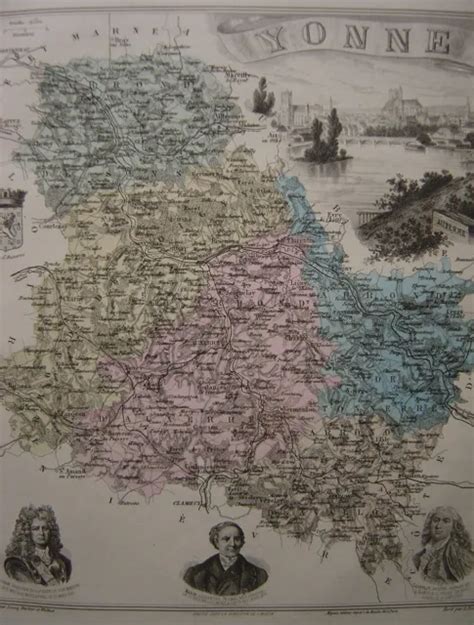 CARTE DU DÉPARTEMENT de l YONNE Portraits Vauban et Soufflot Gravure