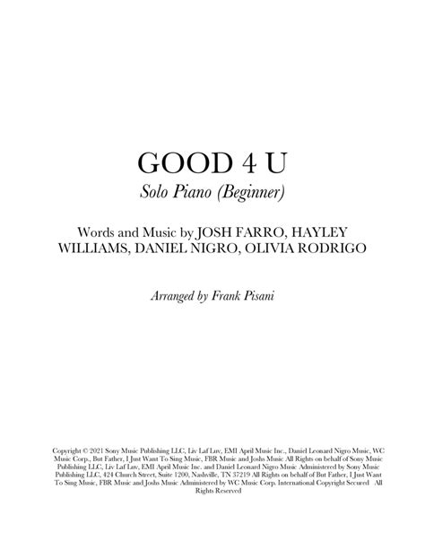 Good 4 U Arr Frank Pisani By Olivia Rodrigo Sheet Music For Piano