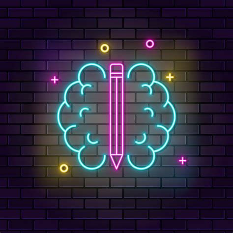 Brain Pencil Neon Icon Education Neon Icon On Dark Brick Wall