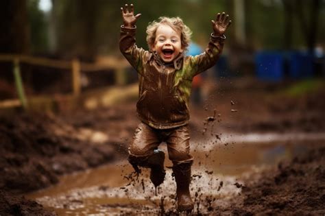 Premium Photo A Little Girl Leaps With Delight In A Muddy Puddle