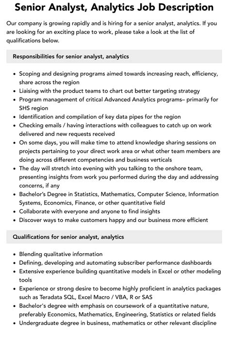 Senior Analyst Analytics Job Description Velvet Jobs