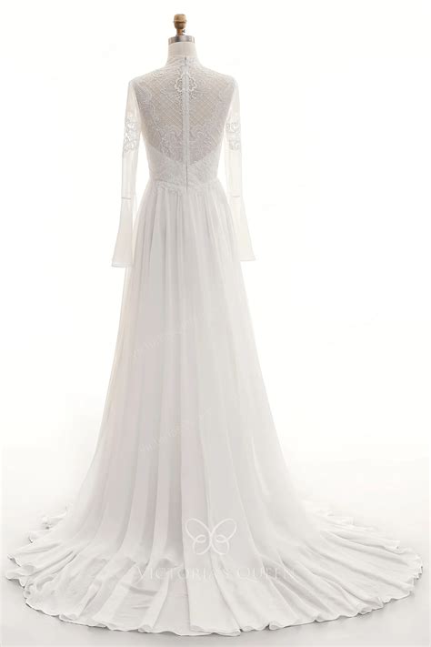 Illusion High-neck A-line Lace & Chiffon Spring Wedding Gown - VQ