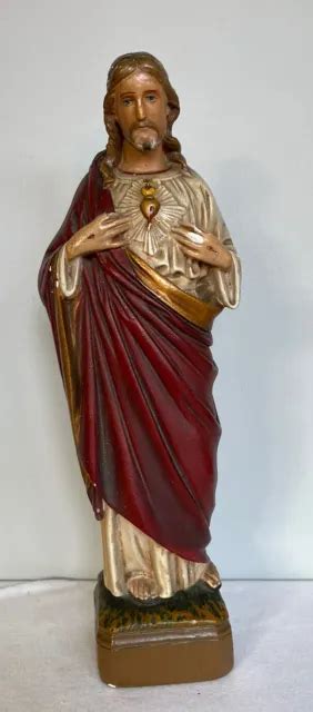 Sacred Heart Of Jesus Christ Statue Vintage Plaster Sculpture Eur