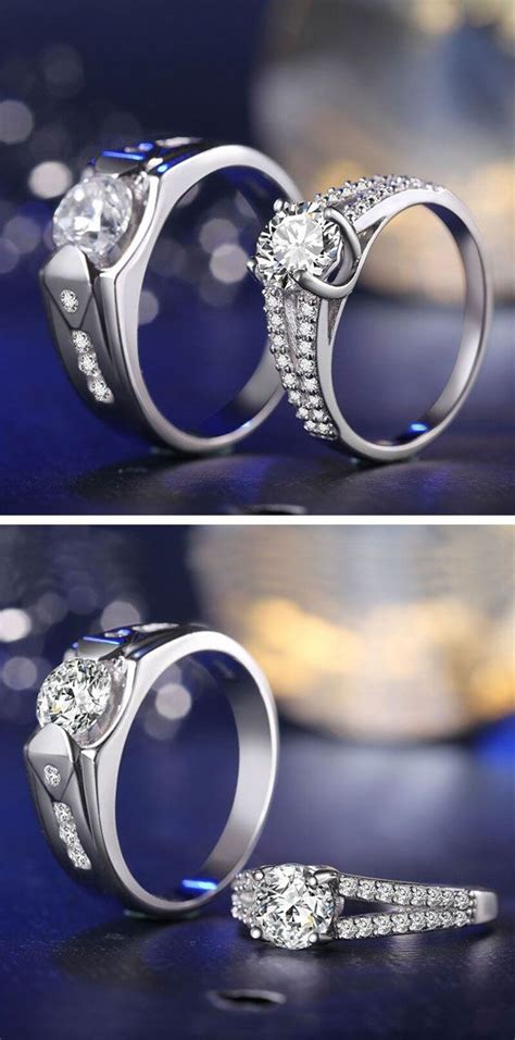 Set Of Couple Engagement Rings With Cubic Zirconia Engagement Rings Couple Unique Promise