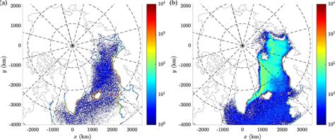 Maps of the spatial density of final positions of particles released ... 