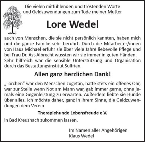 Traueranzeigen Von Lore Wedel Vrm Trauer De