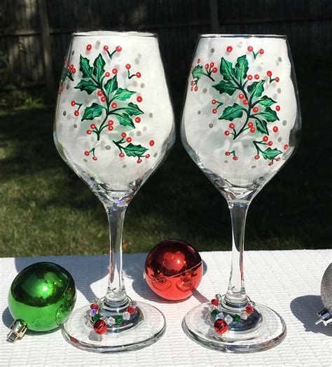 Christmas Wine Glasses Hand Painted Holly and Silver Highlights With ...