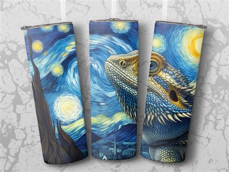 Bearded Dragon Starry Night Tumbler PNG Wrap Van Gogh Art Straight