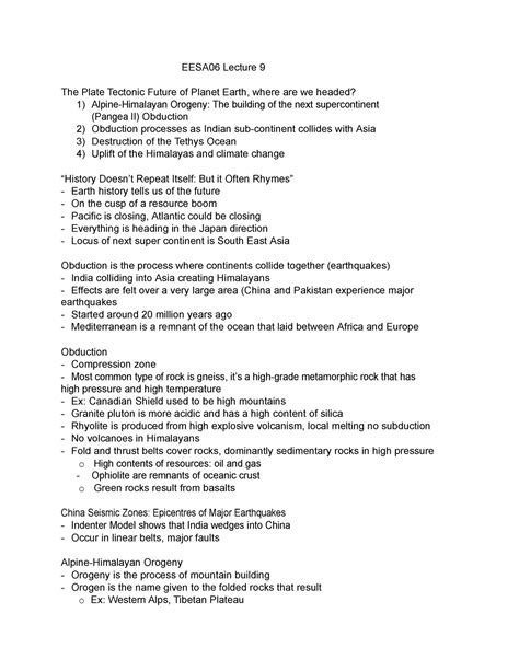 Lec 9 Lecture Notes Eesa06 Lecture 9 The Plate Tectonic Future Of