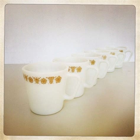 Pyrex Gold Butterfly Mugs Set - Retro Vintage Milk Glass