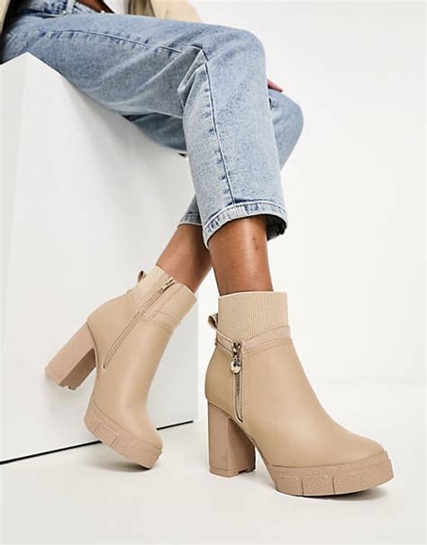 River Island Heeled Boots With Side Zip In Cream Asos