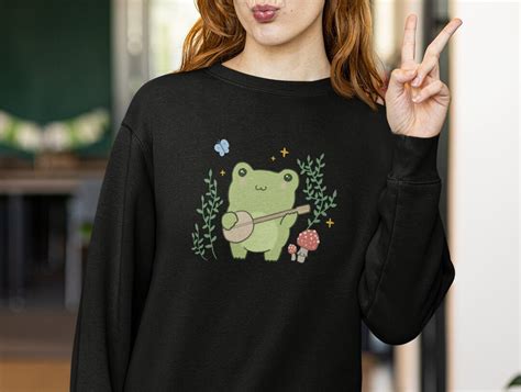 Cute Kawaii Frog Playing Banjo Sweatshirt Toad Plant Fungi Blue