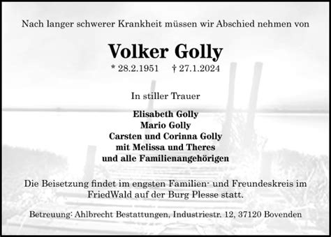 Traueranzeigen Von Volker Golly Trauer Anzeigen De