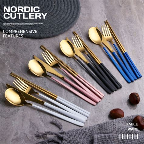 4IN1 Golden Matte Design Knife Chopsticks Spoon And Fork Metal Cutlery