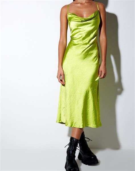 Palasha Midi Dress In Satin Lime Green In 2020 Green Satin Dress