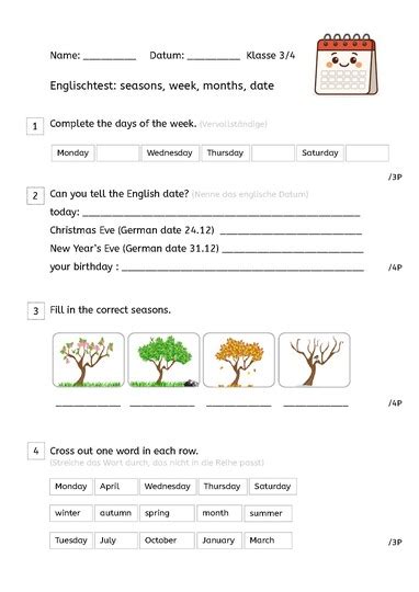 Jahr(eszeiten), Monate, Wochentage Englisch - 3. Klasse