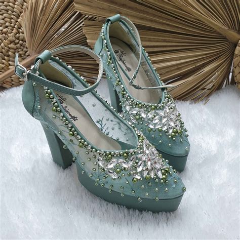 Jual Sepatu Wedding Pesta Cantik Payet Mewah Dhira Sage Tinggi 12cm