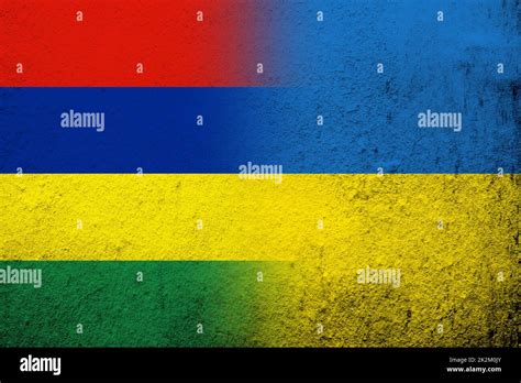 The Republic Of Mauritius National Flag With National Flag Of Ukraine Grunge Background Stock