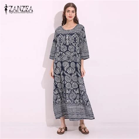 ZANZEA Vintage Women Summer 3 4 Sleeve Loose Cotton Linen Floral Print