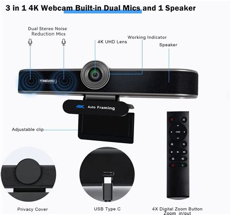 Buy TONGVEO Zoomable 4K Webcam with Microphones and Speaker, 4X Digital ...