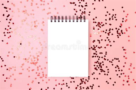 Blank Notepad Mockup With Red Metallic Hearts Confetti Stock Photo