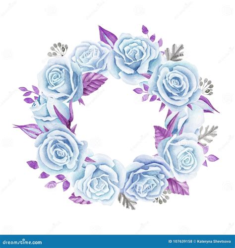 Blue Roses Bouquet Watercolor Illustration Cute Vintage Style Wreath